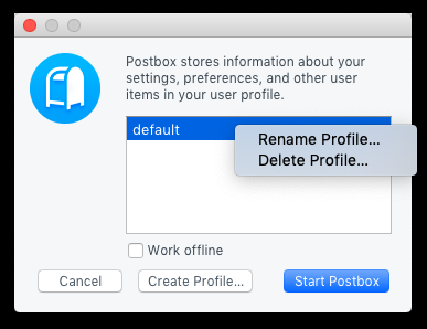 Postbox profiles dialogue box
