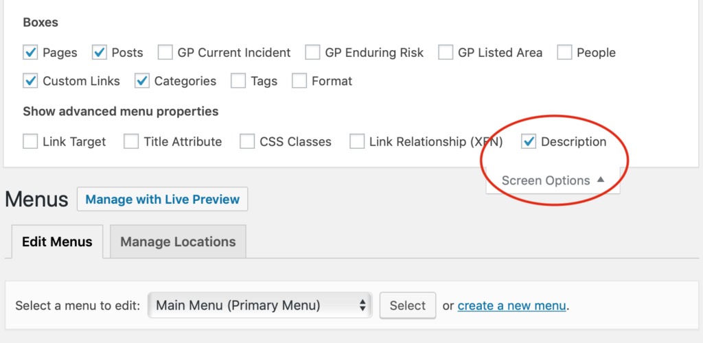 Description setting in Screen Options area
